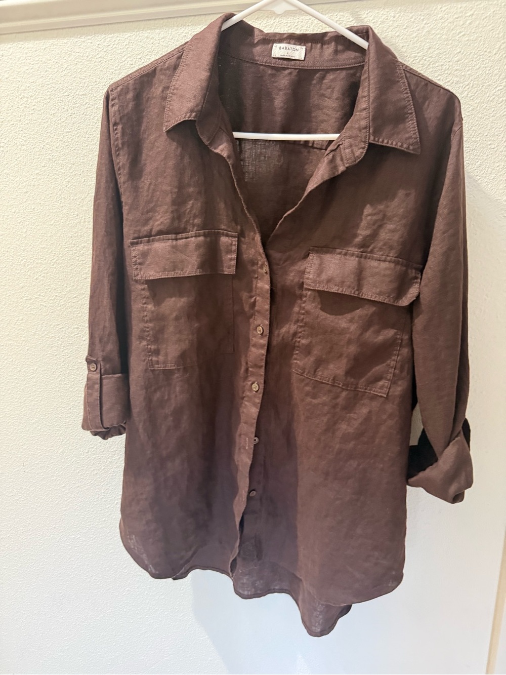 Aritzia Linen Chocolate Brown Button-Down Shirt - Picture 7 of 7